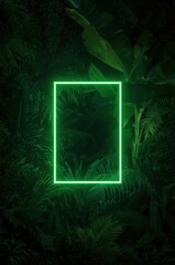 A vibrant neon green square frame highlights a dense jungle setting.