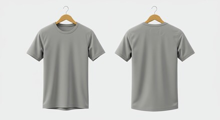 Gray T-Shirt Mockup Front and Back Views on Wooden Hangers - Perfect for Design Presentations