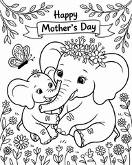 Happy mother s day with adorable elephant family and floral design illustration