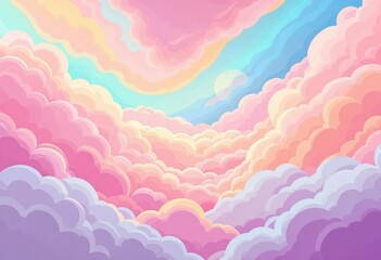 A whimsical, pastel-hued sky filled with fluffy clouds of various shades of pink, purple, and blue, creating a dreamy and gentle atmosphere.