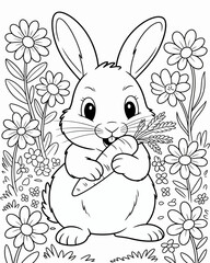 Adorable bunny rabbit enjoying a fresh carrot amongst beautiful daisy flowers