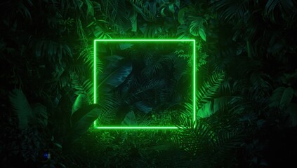 Neon green square frame highlights a lush tropical jungle scene with dark green leaves.