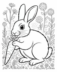 A charming black and white illustration of a rabbit eating a carrot