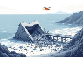 A devastated coastal scene portrays a crumbled structure and a pier at the edge of a tranquil beach, with a rescue helicopter hovering overhead, evoking a sense of quiet desolation.