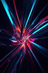 A vibrant, geometric design explodes outward from a central point, showcasing a dynamic mix of vivid blue, red, and orange hues against a dark backdrop.