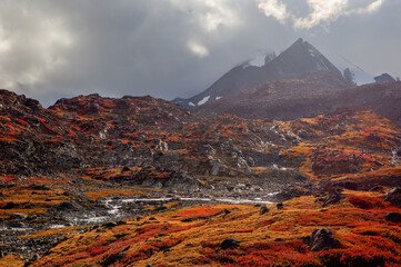 Red mountains in backlit sunlight