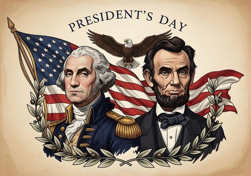 Presidents day celebration with patriotic symbols and historical figures for holiday poster or card design - Powered by Adobe