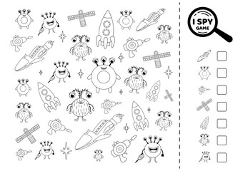 I spy game for kids with rocket, satellite, space, alien. Black and white. Search and count how many. Math game. Isolated vector illustration eps 10