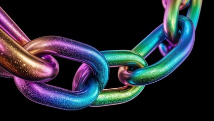 A close-up view of a rainbow-hued metal chain, exhibiting iridescent colors and a textured surface against a striking black background.