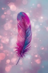 A vibrant feather, showcasing a mix of magenta, purple, and teal hues, floats against a soft backdrop of pastel pinks and light blues, evoking a sense of delicate beauty and ethereal serenity.