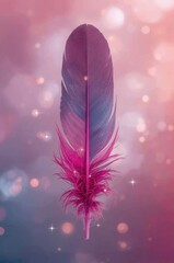 A vibrant, delicate feather displays a gradient of soft pinks and purples against a dreamy backdrop of glowing, out-of-focus lights.
