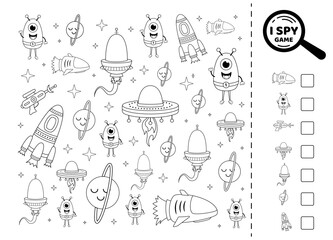 I spy game for kids with planet, flying saucer, space, alien. Black and white. Search and count how many. Math game. Isolated vector illustration eps 10