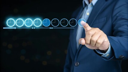 Man in suit pointing at digital timeline with clock icons on a dark background interface screen - Powered by Adobe
