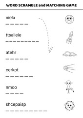 Word scramble and matching game with. Ufo, space, rocket. Space objects. Black and white. English words. Sort letters into correct order. Cartoon, Isolated vector illustration eps 10