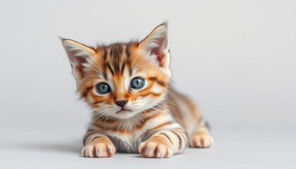 Adorable tabby kitten, soft fur, light grey backdrop,  fluffy,   light grey