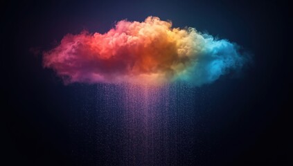 A vibrant, colorful cloud formation, with a spectacular display of rain, dominates this image against a deep dark background.