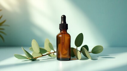 A brown glass dropper bottle sits amongst soft eucalyptus leaves on a pale teal surface, illuminated by natural light.