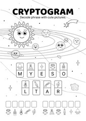 Solar system. Cryptogram. Black and white. Space cryptogram. Decode phrase. Use cipher code and complete the words. Isolated vector illustration eps 10