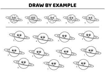 Planet. Draw by example. Black and white. Visual perception game for kids. Isolated vector illustration eps 10