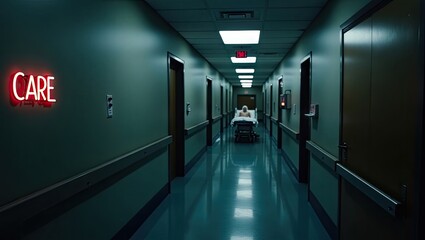 Empty hospital hallway, illuminated by a stark red neon sign that reads "CARE", evokes a sense of foreboding and quiet dread.
