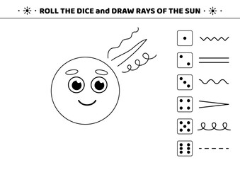 Sun. Roll dice and draw pattern. Black and white. drawing game. Draw rays. Activity for kids. Education for toddler. Isolated vector illustration eps 10