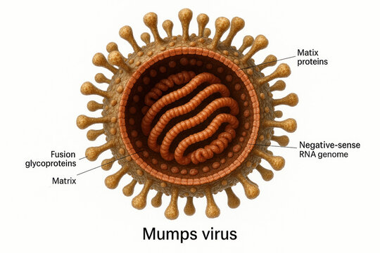 Detailed illustration of the Mumps virus, with labels.
