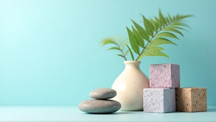 A serene and calming arrangement featuring smooth stones, a delicate vase with tropical foliage, and pastel-colored cubes against a light teal backdrop.