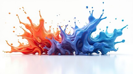 Vibrant splashes of orange, blue, and purple paint explode in dynamic forms against a bright white background.