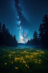 A breathtaking night scene, showcasing a field of glowing fireflies under a vibrant Milky Way galaxy, framed by dark silhouettes of forest trees.