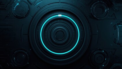 Complex, dark-toned, futuristic panel with concentric circles and glowing turquoise accents.