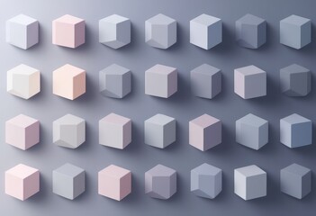 A geometric design featuring numerous three-dimensional cubes in varying shades of pastel colors, creating an abstract and modern visual pattern.