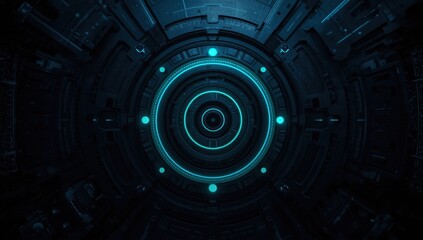 A detailed futuristic interior design showcases a complex array of concentric circles and glowing teal accents against a dark backdrop.