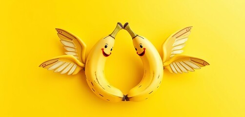 Two winged bananas on yellow background, playful whimsical fruit design, summer, imagery
