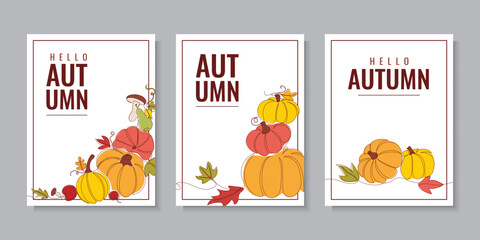 Fototapeta premium Set of autumn flyers with pumpkins and autumn leaves