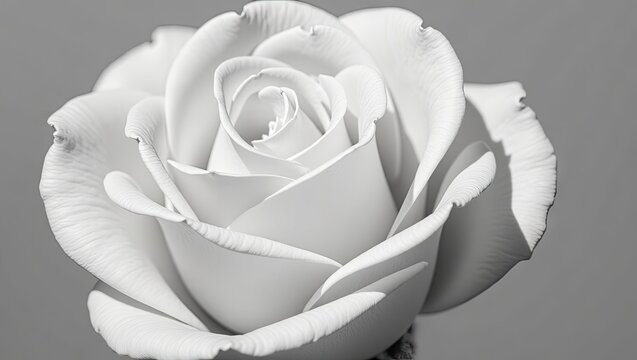 A close-up grayscale image of a single, exquisite rose, highlighting the delicate texture of its petals.