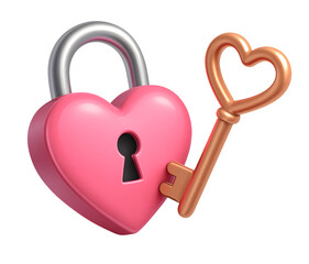 3D Illustration of a Pink Heart-Shaped Padlock with a Golden Heart Key Symbolizing Love, Security, and Romantic Connection on a Transparent Background
