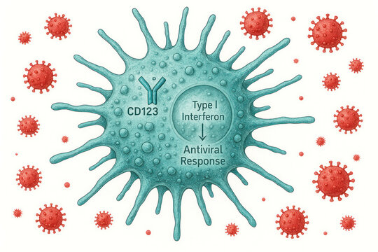 Scientific illustration depicting the immune system's antiviral response to viral infection. A central turquoise cell with spiked projections represents a host cell, labeled with CD123 and illustratin