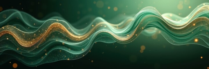 Abstract design featuring flowing, teal, and gold wavy lines against a dark background, highlighted by shimmering golden particles.