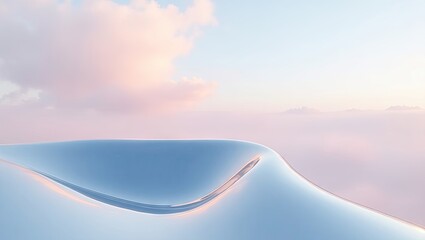 Serene, soft pastel hues define a smooth, reflective surface that curves gently over a hazy, atmospheric landscape.