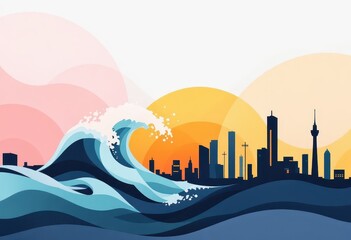 A powerful wave crashes over a city silhouette, highlighted by vibrant colors and layered design elements.