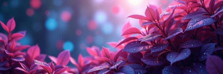 Vivid purple and pink leaves, covered in dew drops, create a dreamy, enchanting scene.