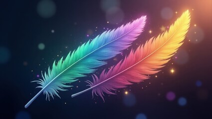 Vibrant, colorful feathers with a glowing effect against a dark background, highlighting the beauty and movement of the image.