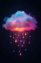 A vibrant, colorful cloud formation, illuminated with glowing, cascading drops, creates a captivating, surreal composition against a dark background.