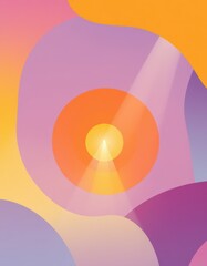 A vibrant abstract design featuring concentric circles and soft, flowing shapes, illuminated by a bright, central light source.