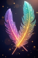 Two vibrant, luminous feathers, crossed and glowing with rainbow hues, create a captivating, ethereal image.