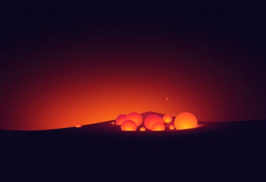 A dark, vibrant scene showcases a cluster of glowing orange spheres, nestled in a molten, wavy landscape.