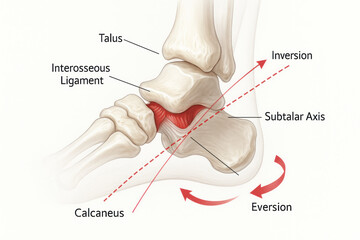 Anatomical illustration of ankle inversion and eversion movements, highlighting the subtalar axis and key ligaments.