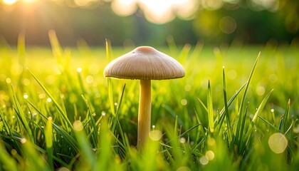 Mushroom in dewy grass at sunrise (1)
