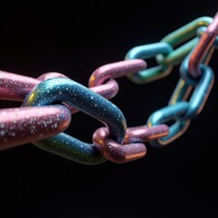 Close-up of a colorful chain links, showcasing a detailed design with vibrant, speckled hues against a stark black backdrop.