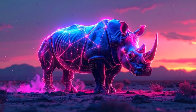 Rhinoceros in vibrant sunset landscape